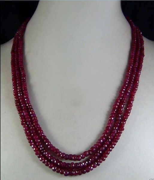 Collier de perles à facettes en rubis naturel, 2x4mm, 3 brins, nouveauté 2017