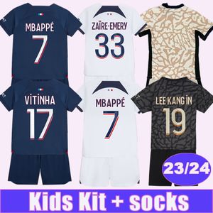 23 24 MBAPPE Kit enfants maillots de football KIMPEMBE SERGIO RAMOS domicile 3ème 4ème maillots de football VERRATTI DRAXLER ICARDI uniformes pour enfants