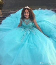 Robe de bal bleu clair princesse Quinceanera robes manches courtes appliques robes de 16 ans gonflées robes de bal en tulle designer personnalisé