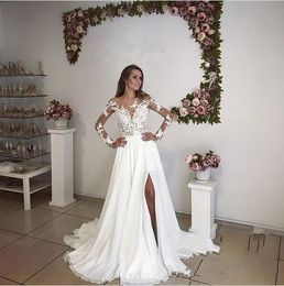 2018 Une Ligne Manches Longues Robes De Mariée Haut Côté Split Été Bohème Plage Sheer Cou Dentelle Applique Pays Longue Plus Taille Robes De Mariée