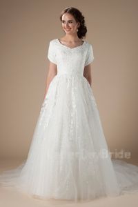 A-line vintage longue modestes robes de mariée avec boutons à manches courtes arrière country western lds Bridal Robes Robe de Mariee sur mesure