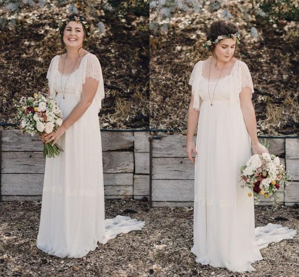 2018 Una línea Vestidos de novia Marfil Encaje Mangas cortas Escote redondo Espalda abierta Playa Bohemio Verano País Gasa barata Vestidos de novia formales