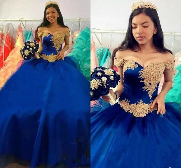 Azul real con encaje dorado Vestidos de fiesta de graduación Vestido de fiesta para dulces 16 niñas Vestido de quinceañera con cordones de organza con hombros descubiertos Vestidos De Novia