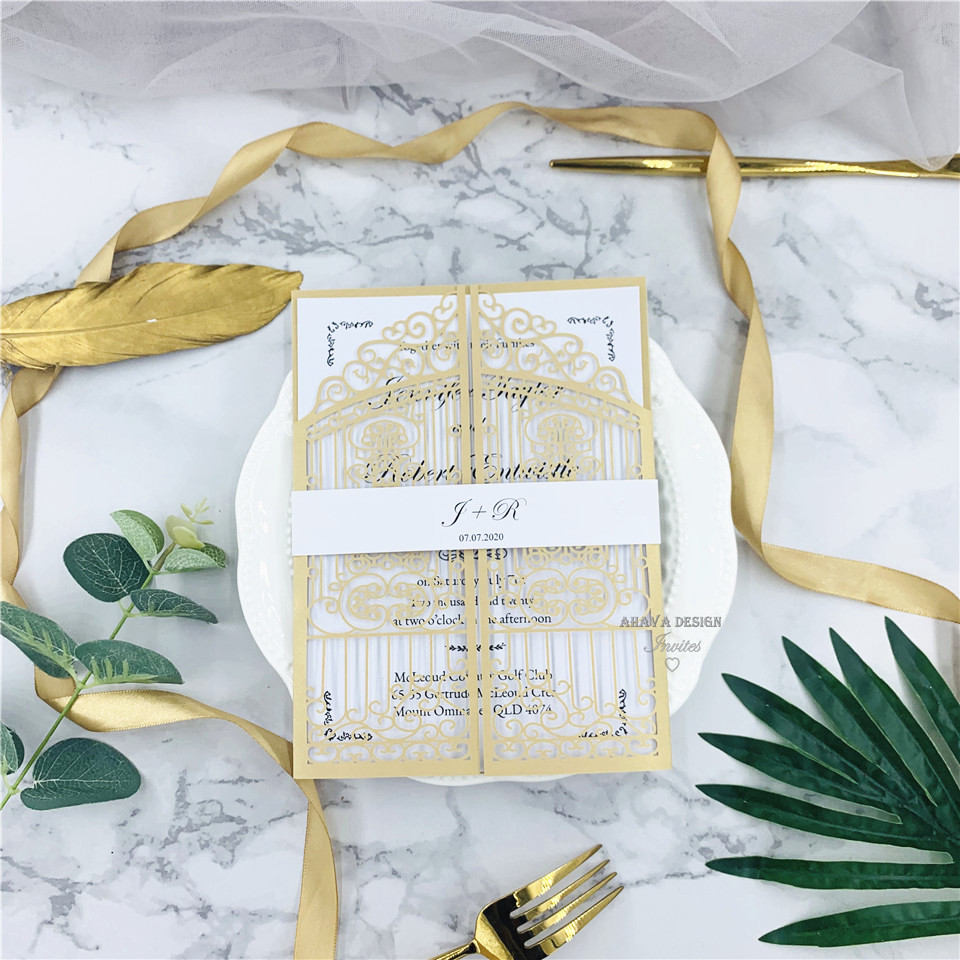 Pearl Gold Floral Laser Cut Wedding Invitations, Printed Customized Insert And Belly Band, Free Shipping Via UPS