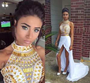 2018 Afrikaanse goud kristal twee stuk prom jurken hoge nek witte chiffon sexy hoge split prom feestjurken open rug vrouwen pageant jurk
