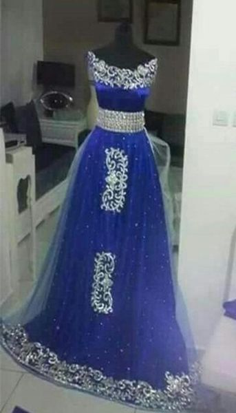 Robes de soirée Aline 2018 avec une longueur sans manches de niveau sans manches d'applications appliques Kaften Bling Blue Blue Belt Arabic PR1486937