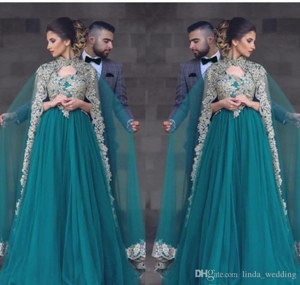 2019 Arabe Caftan Style Musulman Caped Dentelle Robe De Bal Hunter Vert Vacances Formelles Porter Graduation Soirée Robe De Soirée Sur Mesure Plus La Taille