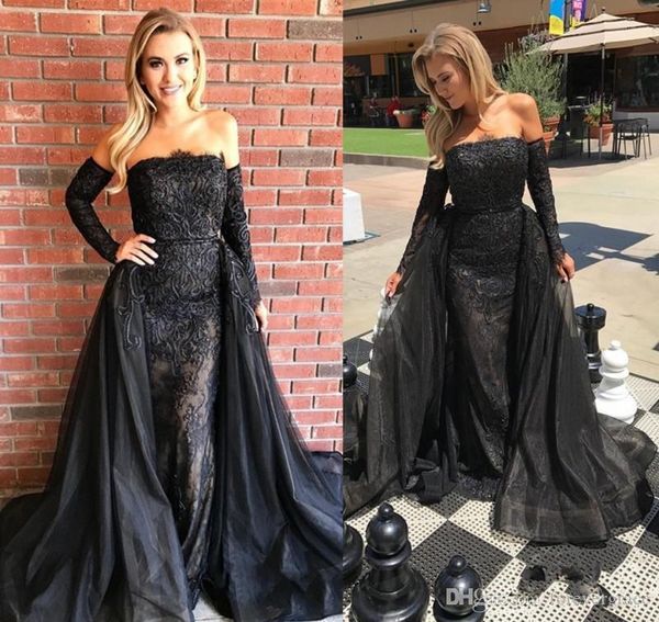 2019 Vestido de fiesta de encaje negro estilo árabe Sirena barata Ropa formal para fiestas Vestido de fiesta de noche de graduación Por encargo Tallas grandes