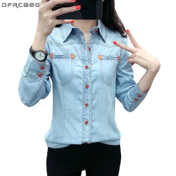 2018 Otoño Casual Camisa Jeans Feminina Camisa de mezclilla de manga larga Mujer Tallas grandes Blusa Bolsillos con botones Chemise Femme Ladies Tops