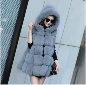 2018 Autumn Winter Nieuw ontwerp Dames Mouwloze luxe Echte Natural Fox Fur Hooded Medium Lang losse Palazzo Bur Vest Coat Casacos