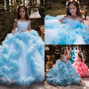 2020 Baljurk Meisjes Pageant Jurken Vloer Lengte Ruches Kralen Kraag Kinderen Formele Kleding Custom Made Blue White Kids Trouwjurk