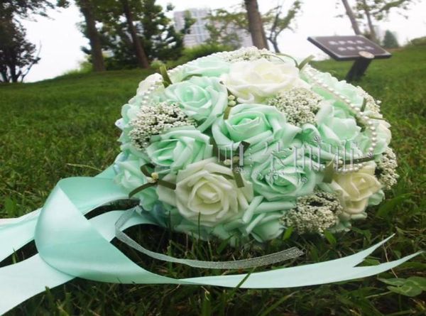 2018 Beau bouquet de mariage vert à la menthe avec du poignet corsagle Flowartificial Perles Fleur Bouquet de mariage de fleur de mariée Bouquet 7804055