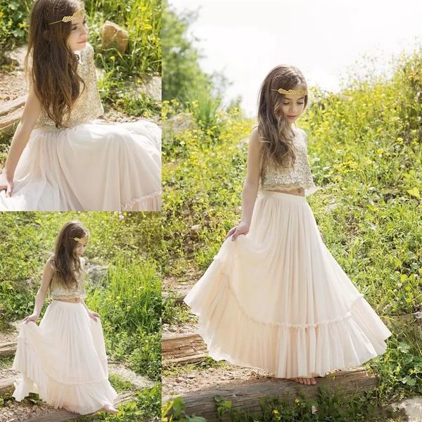 2018 Belle Deux Pièces Boho Fleur Filles Robes Paillettes Dentelle En Mousseline De Soie Champagne Prom Pageant Robe Pour Les Adolescents Enfants Robes De Mariage290F