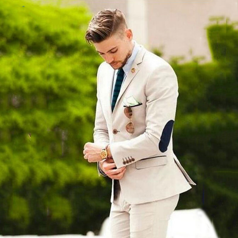 2018 bege Terno do casamento Homens Elbow Patches Negócios Groom Wear Jacket Pants Tuxedo Custom Made formal Slim Fit masculinos Blazers 2piece Groomsmen