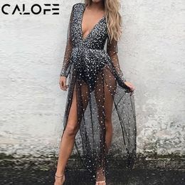 2018 bikini strand jurk vrouwen sequin mesh diepe v zwemmen jurk lange mouw vestidos hoge taille split badpak witte tuniek cover up t190612