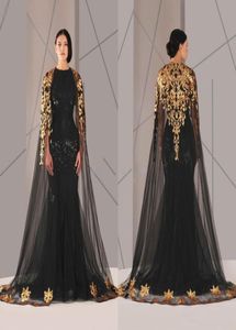 2018 Zwart Arabisch moslim prom -jurken TuLle mantelgoud en zwarte pailletten bemanning nek plus size mermaid formele slijtage lange optocht prom1417560