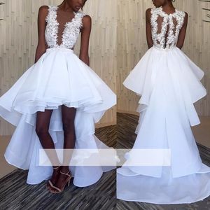 Zwarte Meisjes Afrikaanse Nigeriaanse Prom Jurken Lange Beaded Sheer Jewel Neck Lace Applique Hi-Lo Tiered Formal Party Wear Avondjurken Slijtage