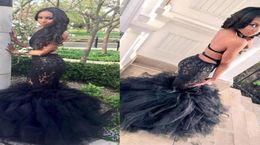 2018 Black Girls Mermaid Vestidos de graduación Sexy Sheer Lace Apliques Apliques sin rufas de respaldo Falda larga de los vestidos de fiesta del piso formal Vestidos5426145