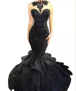 2018 noir vente chaude robes de bal sexy pure illusion col haut dentelle perlée robes de soirée appliqiue sirène robes d'occasion spéciale
