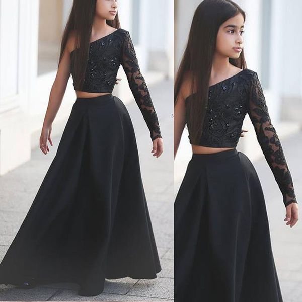 2019 negro Dos piezas de encaje Niñas Vestidos del desfile Cuentas de un hombro Vestido de niña de flores negro para niños Adolescentes Fiesta Barato personalizado