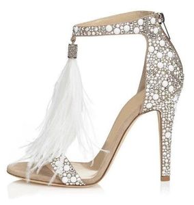 2018 Bling Bling Crystal Sandales Agrémentées Talons Hauts Blanc Plume Fringe De Mariage Chaussures À Talons Hauts Brillant Strass Sandale