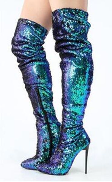 2018 Bling Bling brillo de moda pavo real verde lentejuelas sobre rodilla tacones de aguja alto paillette muslo botas largas sexy botas de noche