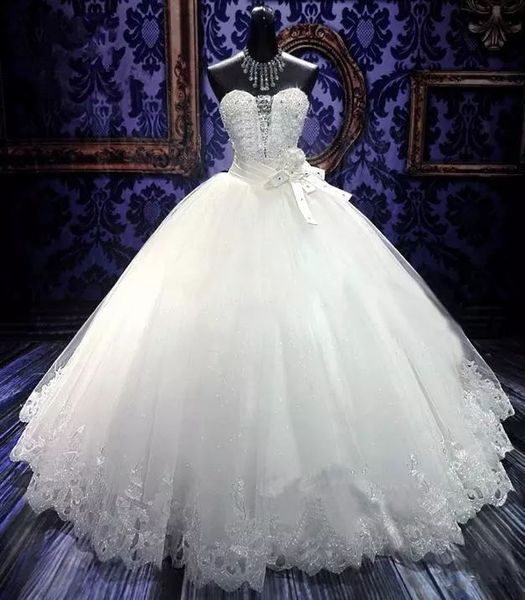 Bling broderie robes de bal robes de mariée chérie perlée cristal blanc ivoire dentelle Tulle pays robe de mariée à lacets dos