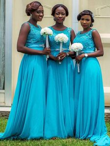 Robes de demoiselle d'honneur longues en mousseline de soie bleue, col transparent, avec des Appliques de perles, longueur au sol, robes de demoiselle d'honneur africaines, robes de soirée, 2020