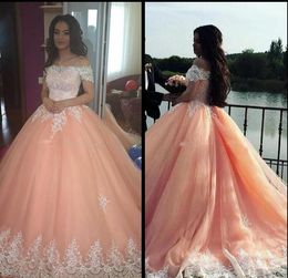 2018 blush roze baljurk quinceanera jurken bateau nek korte mouwen appliques tule plus size zoete 16 jurken Saoedi-Arabische prom jurken