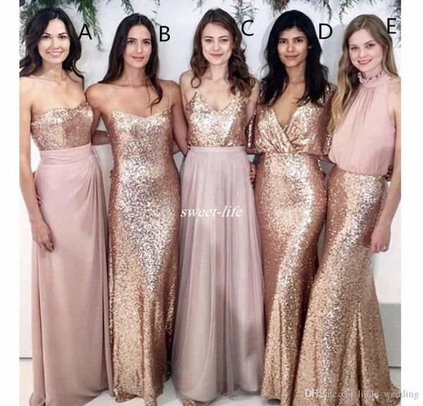 2019 Blush Rose Robe De Demoiselle D'honneur Avec Or Rose Paillettes Longue Country Garden Soirée Formelle Invité Demoiselle D'honneur Robe Plus La Taille Sur Mesure