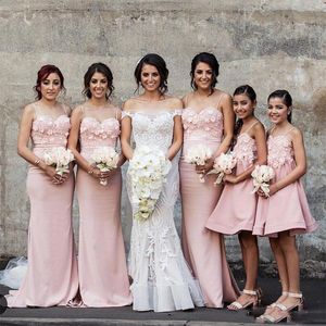 2018 bloos roze bruidsmeisje jurken zeemeermin spaghetti sweep trein bruidsmeisje jurken met 3D bloemen applique elegante bruiloft jurken jurken