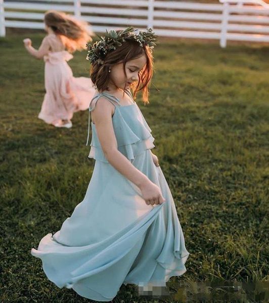 Vestidos bohemios de niña de flores, línea A, espaguetis cuadrados, hasta el suelo, gasa, sin espalda, vestidos de desfile para niñas, para fiesta de boda