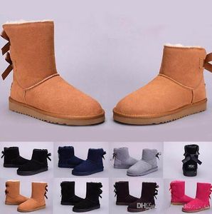 Botas de nieve con lazo de bailey de cuero genuino clásico de marca 2018, botas de mujer de lana 100%, zapatos cálidos de invierno para mujer, botas de nieve