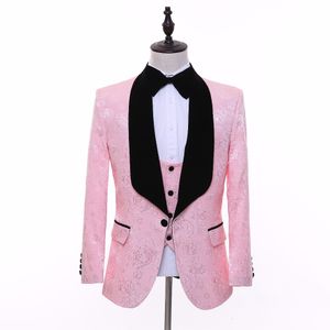 2018 flambant neuf noir châle revers marié Tuxedos rose costumes de mariage sur mesure motif de fleurs homme fête Blazer (veste + pantalon + gilet)