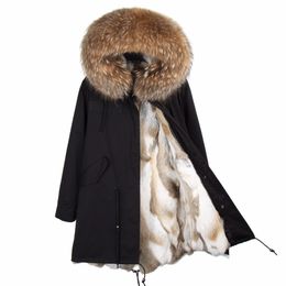 2018 marca abrigo de piel auténtica de conejo chaqueta larga de invierno para mujer cuello de piel de mapache desmontable parka de piel gruesa y cálida de alta calidad S18101504
