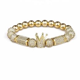 2018 marque à la mode couronne impériale bracelets porte-bonheur 8MM Micro pavé CZ perle ronde femmes hommes bijoux en cuivre Pulseras Mujer Bileklik228m