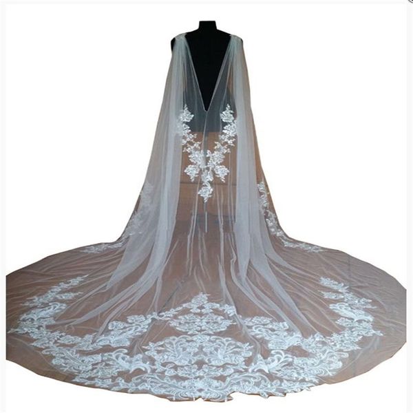 2018 mariée mariage châle capes boléro cape dentelle veste enveloppes blanc ivoire haussement d'épaules cathédrale train 3 m long voile304r