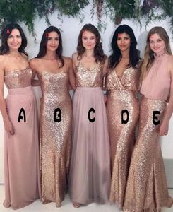 2018 bruidsmeisje jurken mix-and-match bloos roze chiffon met rose gouden lovertjes stof vloer lengte mengsel stijlen land feestjurken