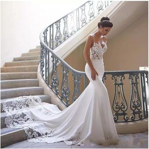 2022 Robes de mariée de plage en mousseline de soie bretelles spaghetti sirène dentelle appliques sur mesure robe de mariée dos nu robes de mariée BC0190