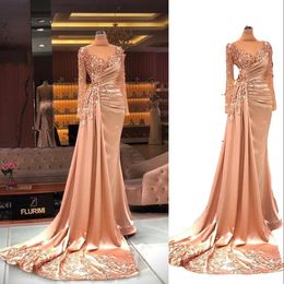 2022 Sexy Blush Roze Prom Jurken Hoge Hals Illusie Kant Crystal Kralen Lange Mouwen Open Back Avondjurk Party Pageant Formele Toga Sweep Train Plus Size