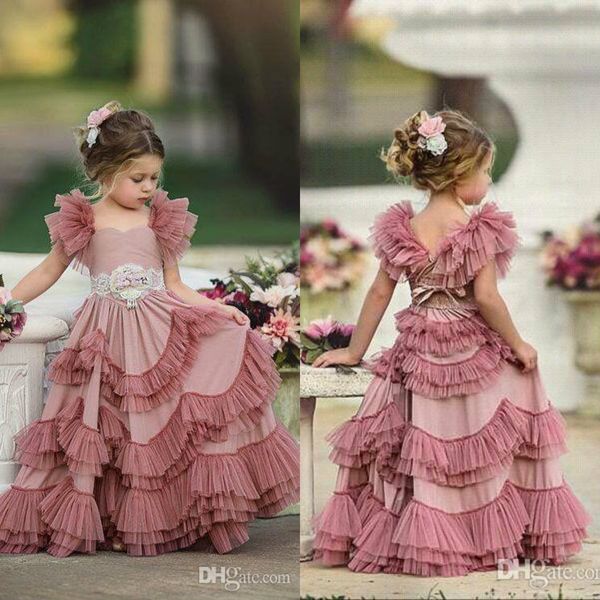 Robes à fleurs pour filles, manches coiffées, pour mariage, à plusieurs niveaux, robes de bal pour enfants, en dentelle, robe de première Communion, 2020