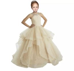 2018 Champagne Meisjes Pageant Jurken Halter Baljurk Ruffles Sequin Beaded Crystal Meisjes Bloem Meisje Jurken Goedkoop Lang Nieuwe