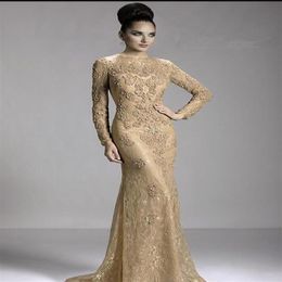 2018 Champagne Mère de la Mariée Robes de Mariée Col Ras Du Cou En Dentelle À Manches Longues Illusion Appliques Perles Sirène Robes De Soirée 316G