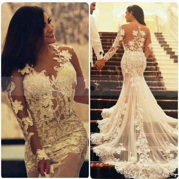 Charmante dentelle sirène robes de mariée col transparent 3D-Floral Appliques voir à travers le dos manches longues robe De Novia robes de mariée