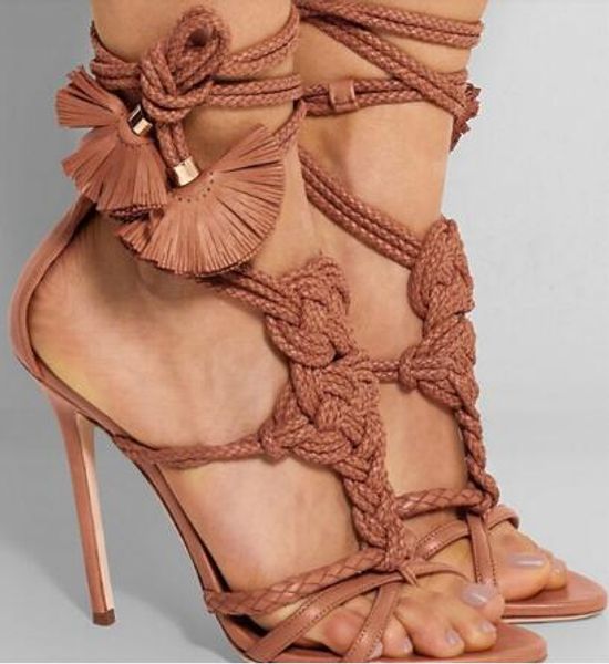 2018 Charmant Corde Pourpre Corde Noeud Strappy Feuille Dentelle Sandales À Talons Hauts Cross Tied Gladiator Sandales Femme Chaussures Femme Sandalias