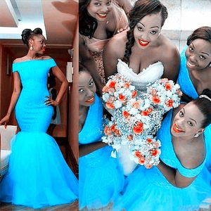 2019 goedkope Afrikaanse zeemeermin lange bruidsmeisje jurken uit moeten turquoise mint tule kant applicaties plus size bruidsmeisje bruids feestjurken