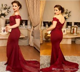 2019 Goedkope Bourgondië Prom Dress Mermaid Off Shoulder Long Backless Formal Holidays Wear Graduation Evening Party Town Custom Made Plus Size