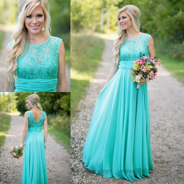 2018 Cheap Country Turquoise Mint Vestidos de dama de honor Illusion Neck Lace Lentejuelas Top gasa Long Plus Size Maid of Honor Wedding Party Dress