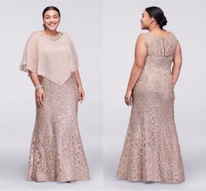 2018 goedkope elegante moeder off bruid jurken juweel nek champagne volledige kant met cape wrap kralen lange zeemeermin plus size bruiloft jurken jurken