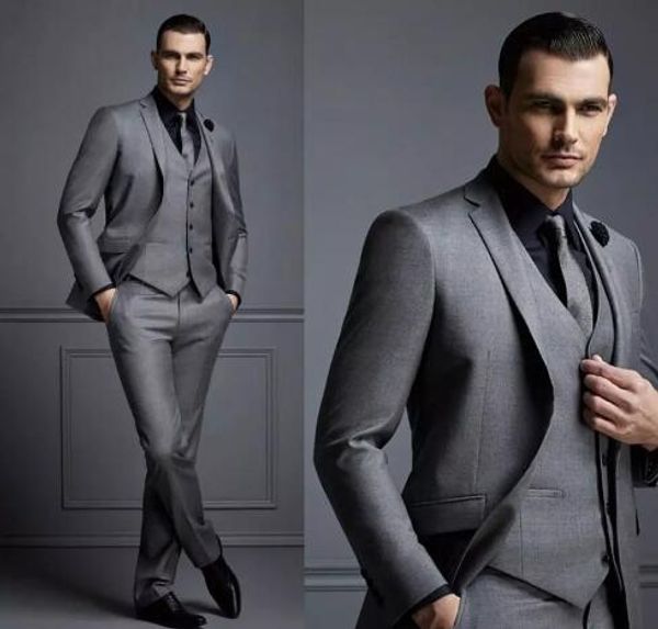 2018 pas cher Mode Gris Hommes Costume Pas Cher Marié Costume Formel Homme Costumes Pour Les Meilleurs Hommes Slim Fit Marié Tuxedos Pour Homme (Veste + Gilet + Pantalon)